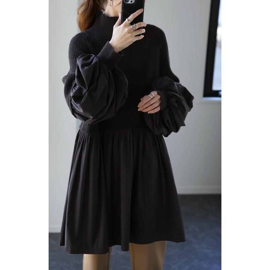 ニット レディース トップス プルオーバー ハイネック タートル チュニック 長袖 ブラウス ドッキング バルーン袖 お尻が隠れる2 | HUG.U | 14