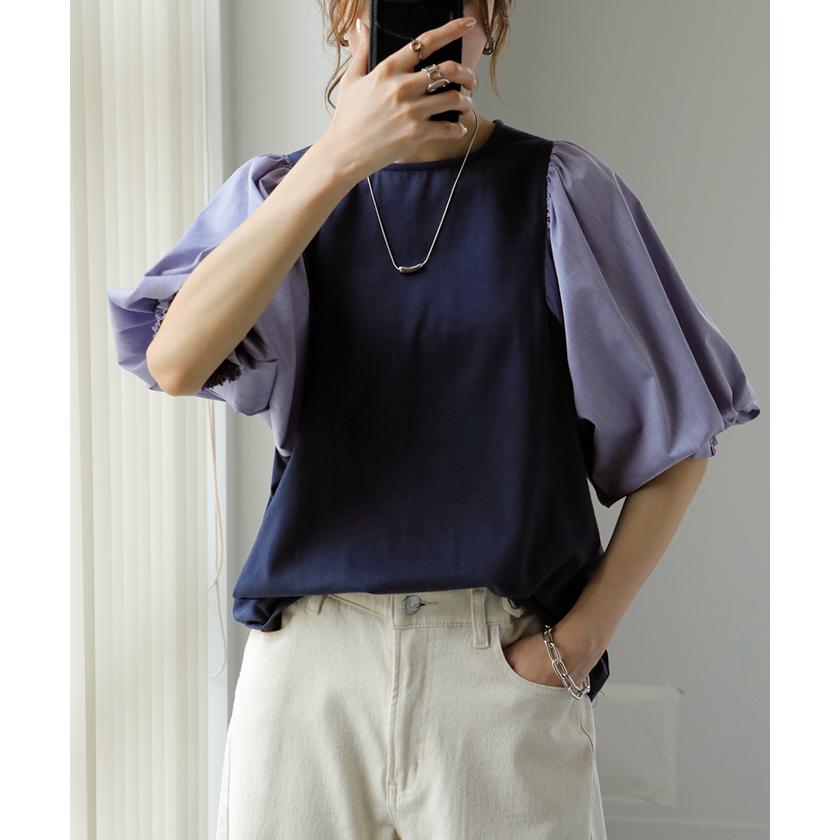 Tシャツ レディース トップス パフスリーブ 半袖 バルーン ぽわん袖 きれいめ ブラウス 二の腕カバー | HUG.U | 09