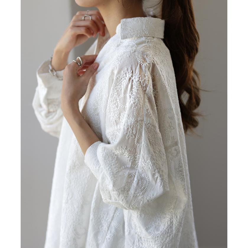シャツ レディース トップス 刺繍 チュニック ブラウス オーバーサイズ 長袖 シアーシャツ 羽織 花柄 | HUG.U | 10