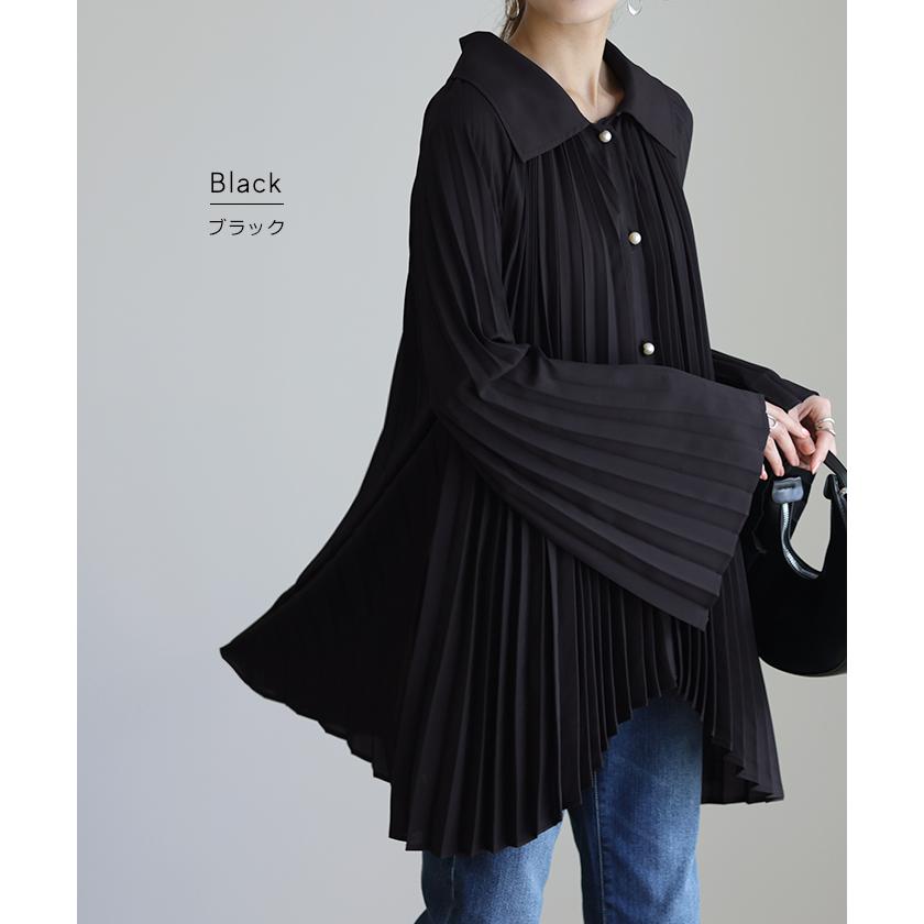 SALE シャツ レディース トップス ブラウス プリーツ チュニック パールボタン パール 体型カバー シフォン 長袖 | HUG.U | 12