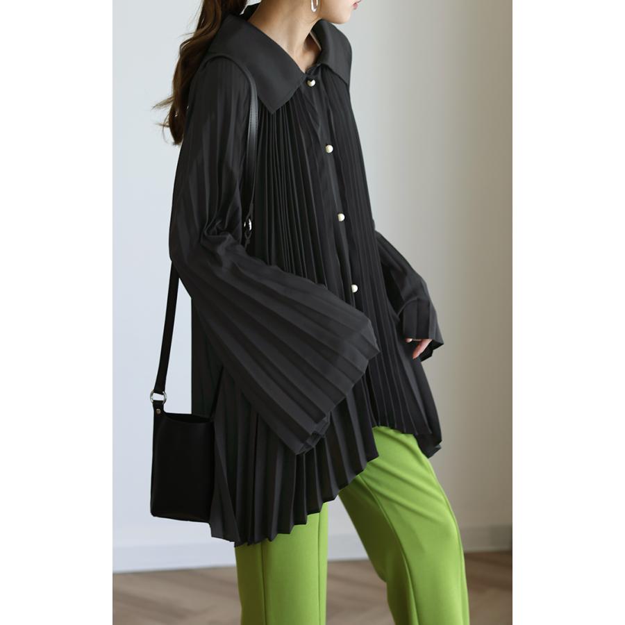 SALE シャツ レディース トップス ブラウス プリーツ チュニック パールボタン パール 体型カバー シフォン 長袖 | HUG.U | 16