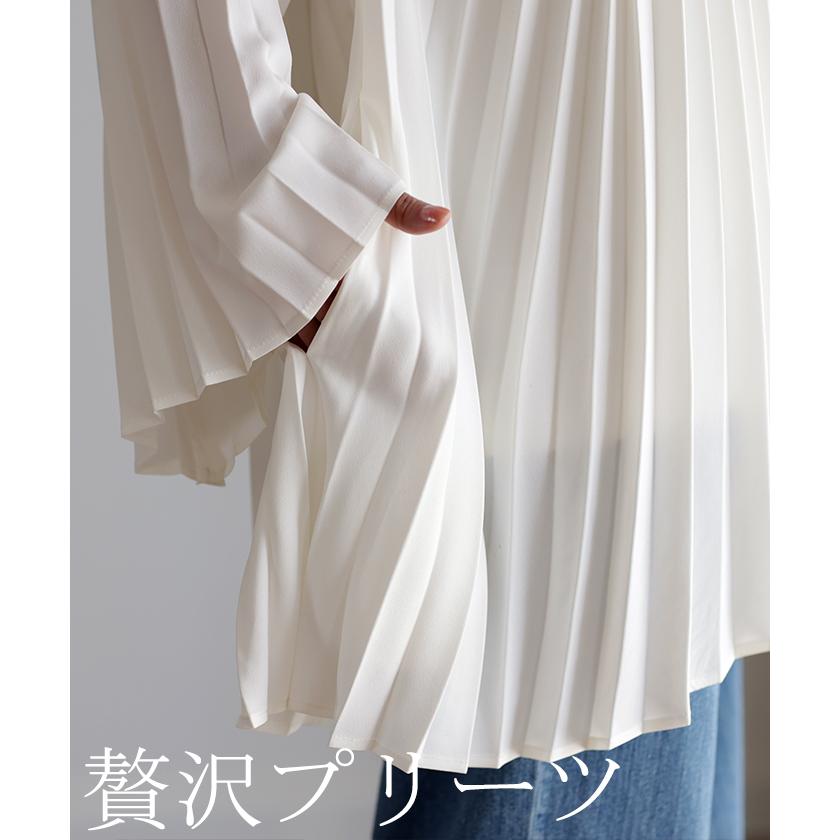 SALE シャツ レディース トップス ブラウス プリーツ チュニック パールボタン パール 体型カバー シフォン 長袖 | HUG.U | 17