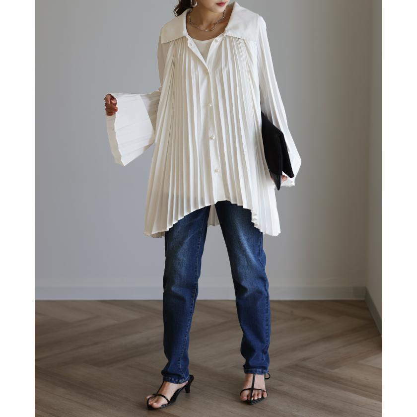 SALE シャツ レディース トップス ブラウス プリーツ チュニック パールボタン パール 体型カバー シフォン 長袖 | HUG.U | 18