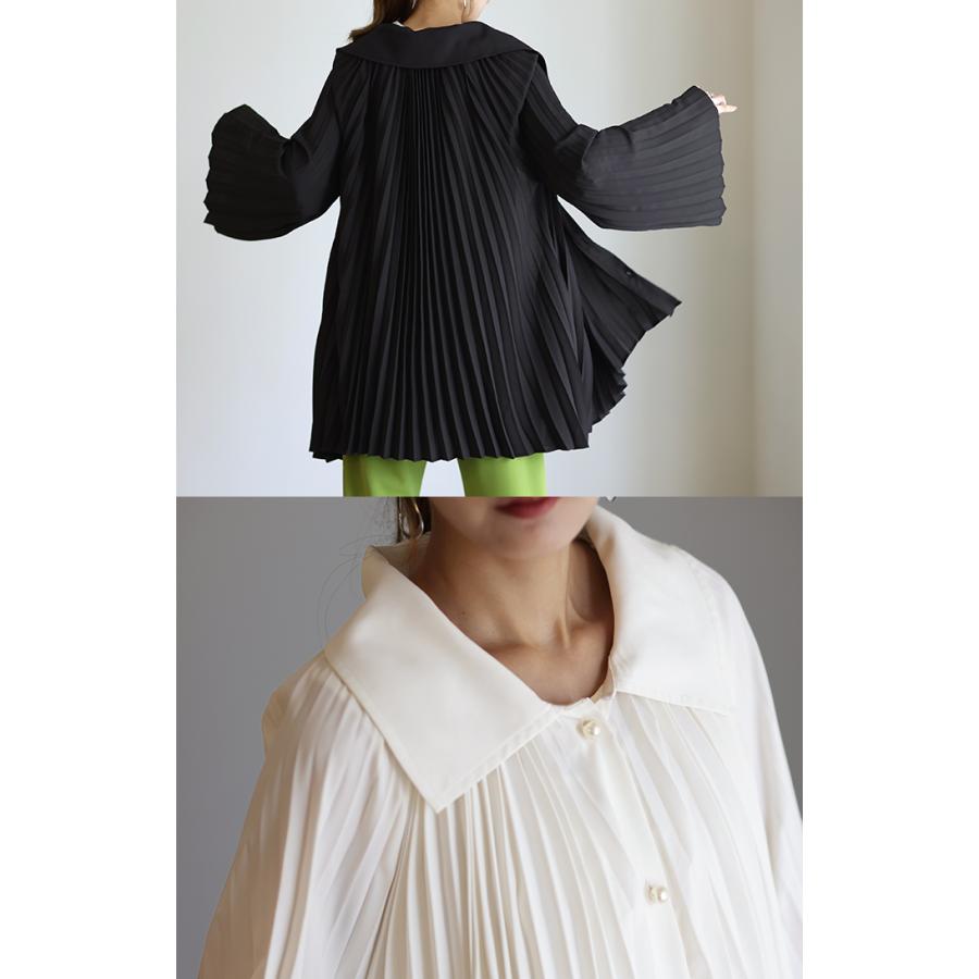 SALE シャツ レディース トップス ブラウス プリーツ チュニック パールボタン パール 体型カバー シフォン 長袖 | HUG.U | 19