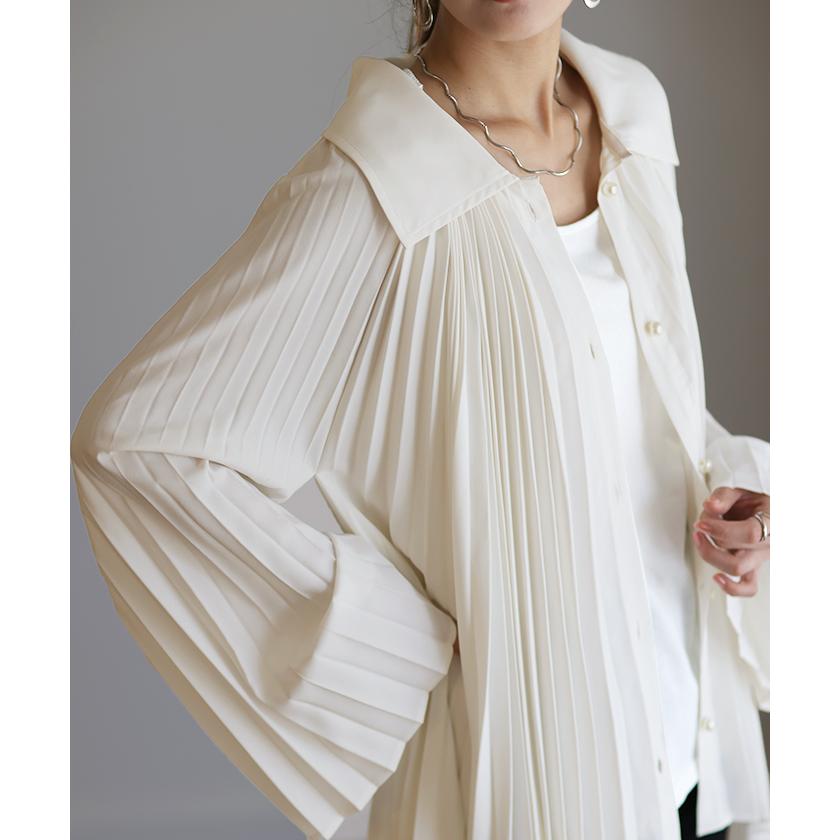 SALE シャツ レディース トップス ブラウス プリーツ チュニック パールボタン パール 体型カバー シフォン 長袖 | HUG.U | 04