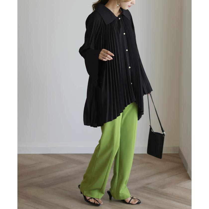 SALE シャツ レディース トップス ブラウス プリーツ チュニック パールボタン パール 体型カバー シフォン 長袖 | HUG.U | 07