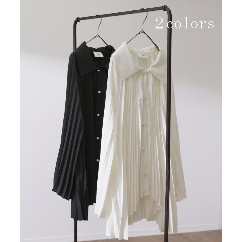 SALE シャツ レディース トップス ブラウス プリーツ チュニック パールボタン パール 体型カバー シフォン 長袖 | HUG.U | 09