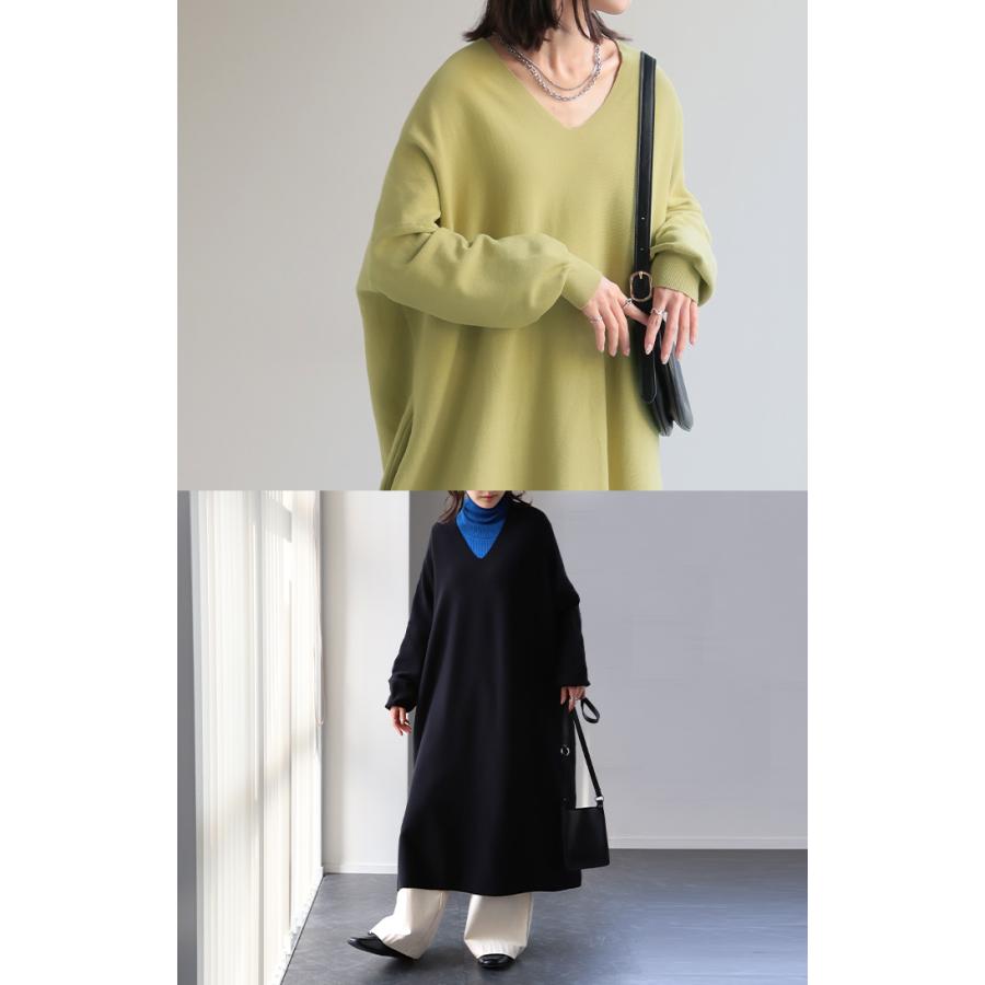 ワンピース レディース ニット 綿 100% ロング Vネック 体型カバー コクーン ニットワンピ ニットワンピース ロングワンピース 長袖 レイヤード 無地 | HUG.U | 09