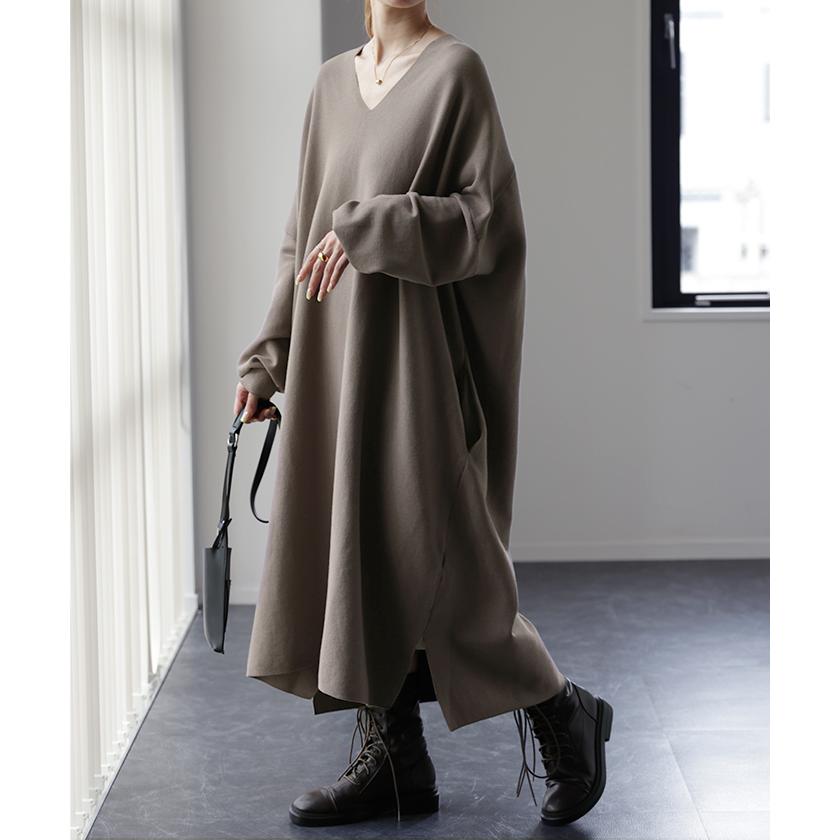 ワンピース レディース ニット 綿 100% ロング Vネック 体型カバー コクーン ニットワンピ ニットワンピース ロングワンピース 長袖 レイヤード 無地 | HUG.U | 10