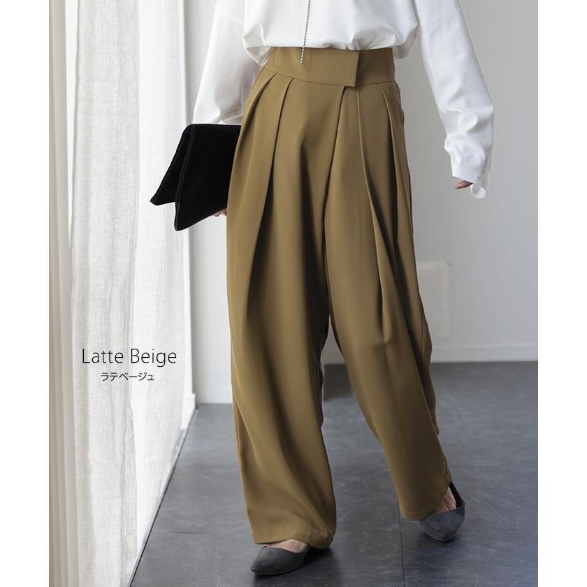 パンツ レディース タックパンツ スラックス カラーパンツ ロング ハイウエスト ストレート ワイドパンツ ボトムス | HUG.U | 13