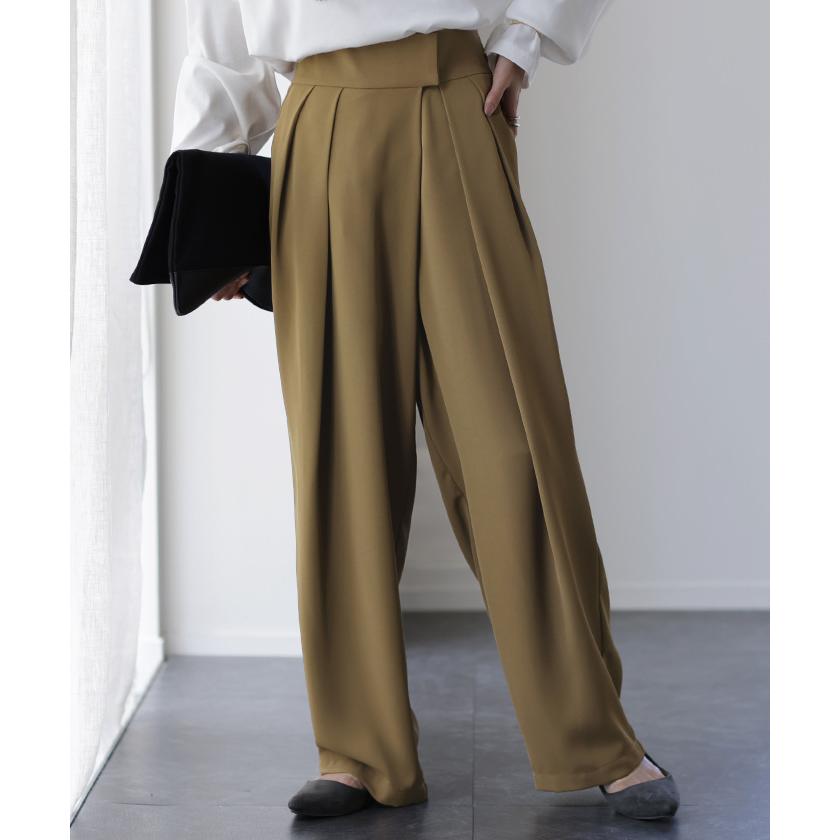 パンツ レディース タックパンツ スラックス カラーパンツ ロング ハイウエスト ストレート ワイドパンツ ボトムス | HUG.U | 23