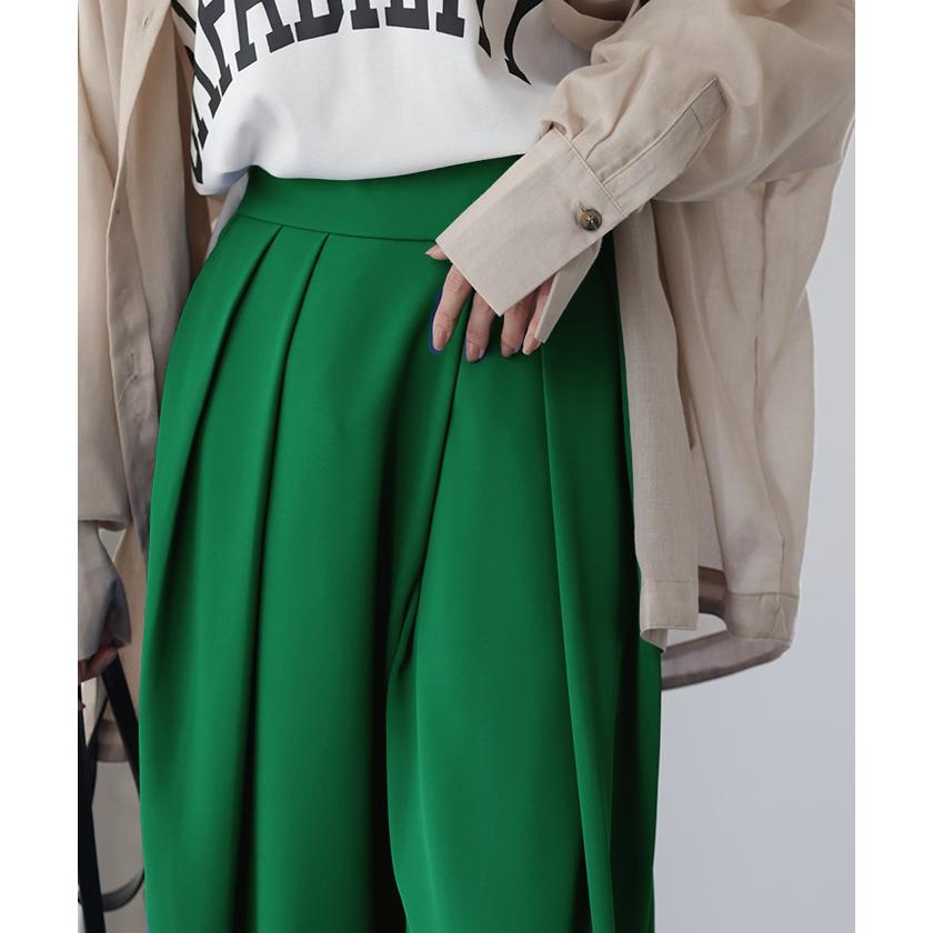 パンツ レディース タックパンツ スラックス カラーパンツ ロング ハイウエスト ストレート ワイドパンツ ボトムス | HUG.U | 06