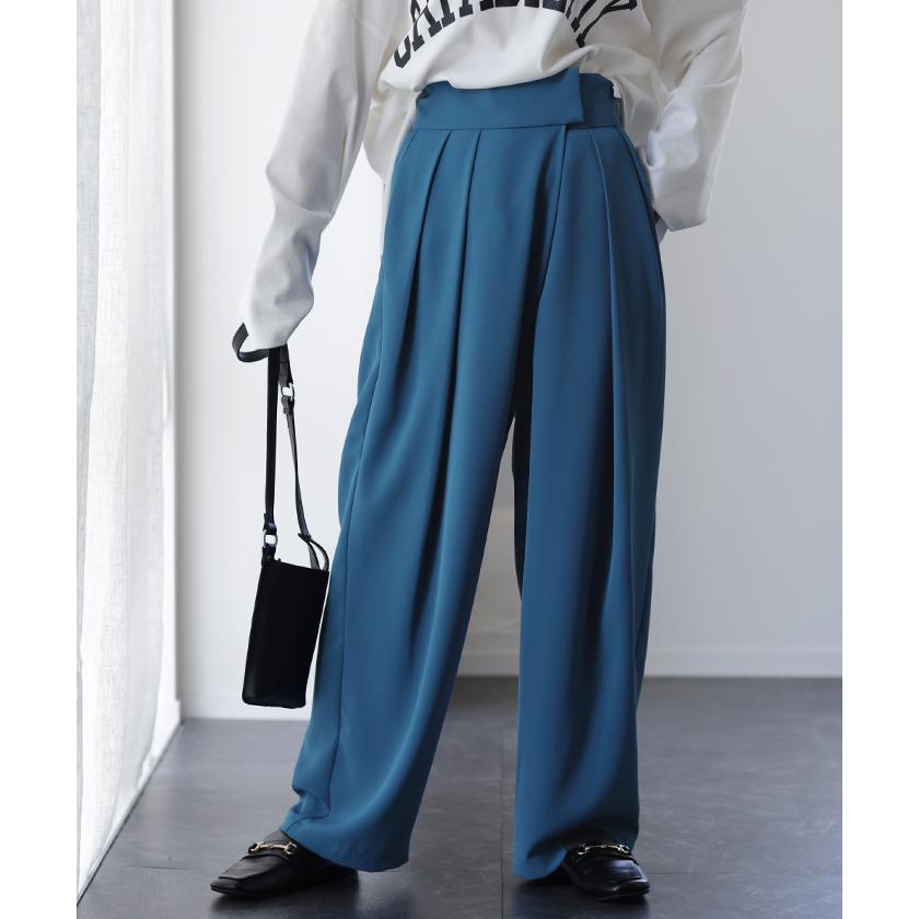 パンツ レディース タックパンツ スラックス カラーパンツ ロング ハイウエスト ストレート ワイドパンツ ボトムス | HUG.U | 08