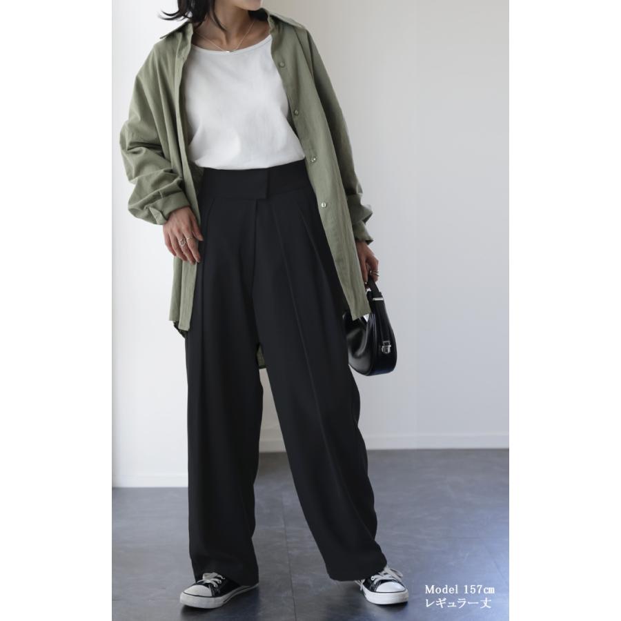 パンツ レディース タックパンツ スラックス カラーパンツ ロング ハイウエスト ストレート ワイドパンツ ボトムス | HUG.U | 09