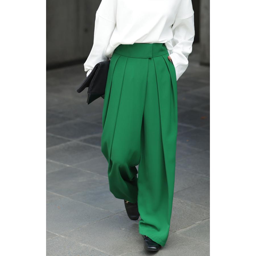 パンツ レディース タックパンツ スラックス カラーパンツ ロング ハイウエスト ストレート ワイドパンツ ボトムス | HUG.U | 12