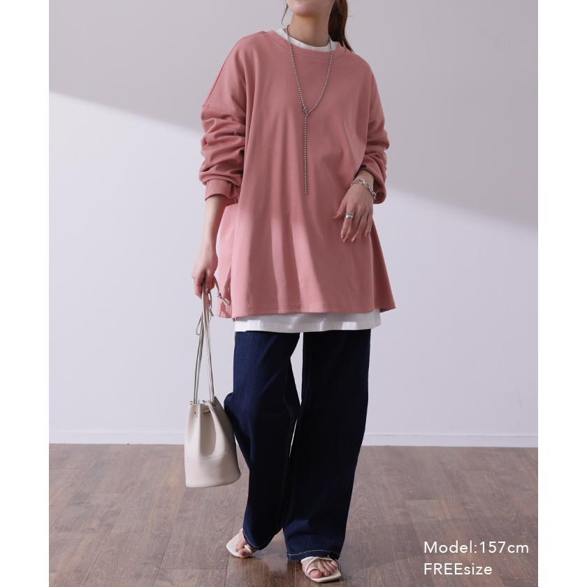 トップス レディース カットソー ロンT オーバーサイズ Tシャツ 長袖 チュニック 無地 Uネック 体型カバー | HUG.U | 11