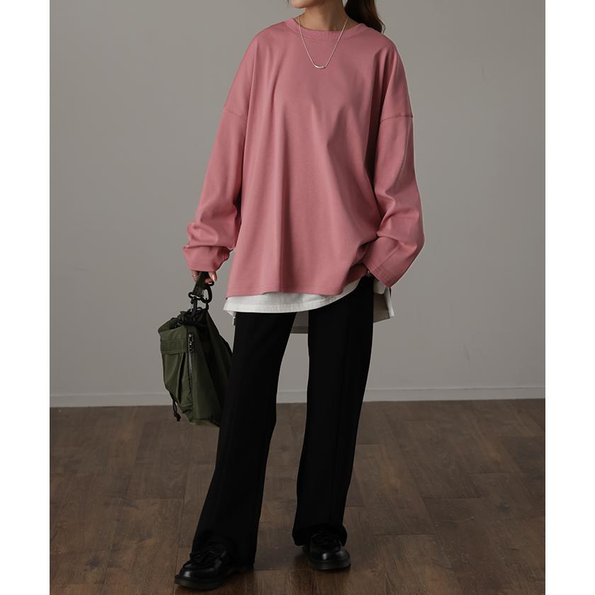 トップス レディース カットソー ロンT オーバーサイズ Tシャツ 長袖 チュニック 無地 Uネック 体型カバー | HUG.U | 15