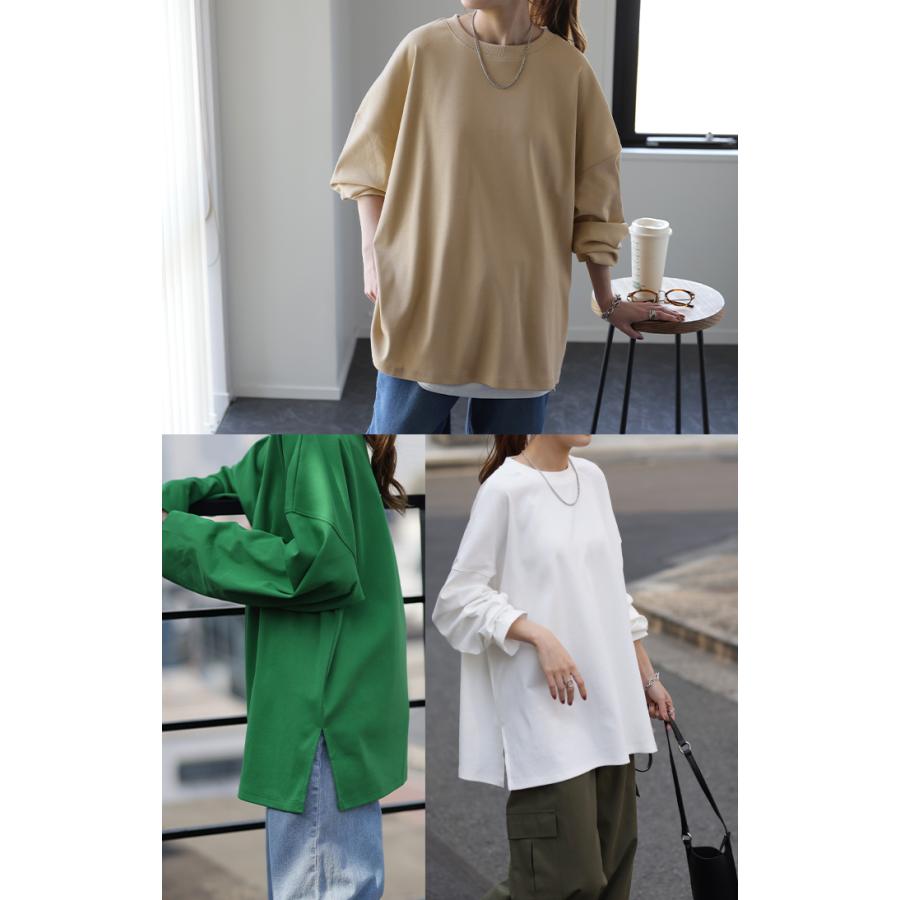 トップス レディース カットソー ロンT オーバーサイズ Tシャツ 長袖 チュニック 無地 Uネック 体型カバー | HUG.U | 16
