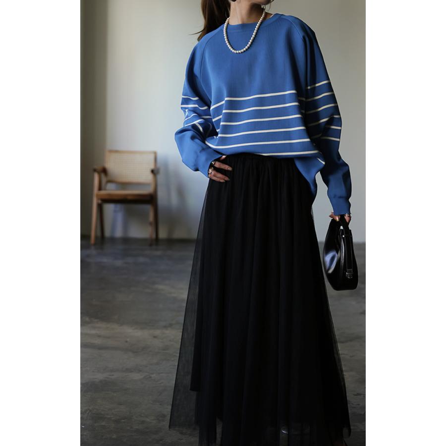 トップス レディース プルオーバー スポンジニット ボーダー ニット 軽量 トレーナー 長袖 Uネック 2411sl | HUG.U | 17