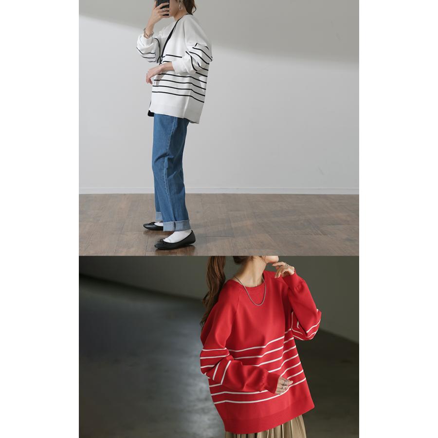 トップス レディース プルオーバー スポンジニット ボーダー ニット 軽量 トレーナー 長袖 Uネック 2411sl | HUG.U | 18