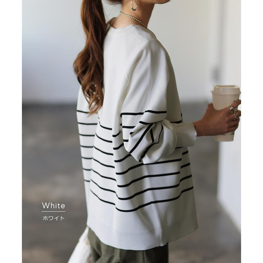 トップス レディース プルオーバー スポンジニット ボーダー ニット 軽量 トレーナー 長袖 Uネック 2411sl | HUG.U | 19