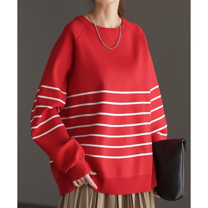 トップス レディース プルオーバー スポンジニット ボーダー ニット 軽量 トレーナー 長袖 Uネック 2411sl | HUG.U | 09