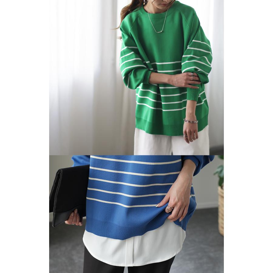トップス レディース プルオーバー スポンジニット ボーダー ニット 軽量 トレーナー 長袖 Uネック 2411sl | HUG.U | 11