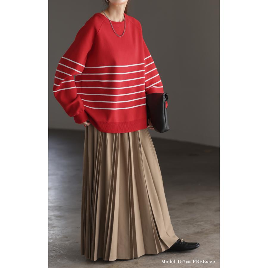 トップス レディース プルオーバー スポンジニット ボーダー ニット 軽量 トレーナー 長袖 Uネック 2411sl | HUG.U | 13