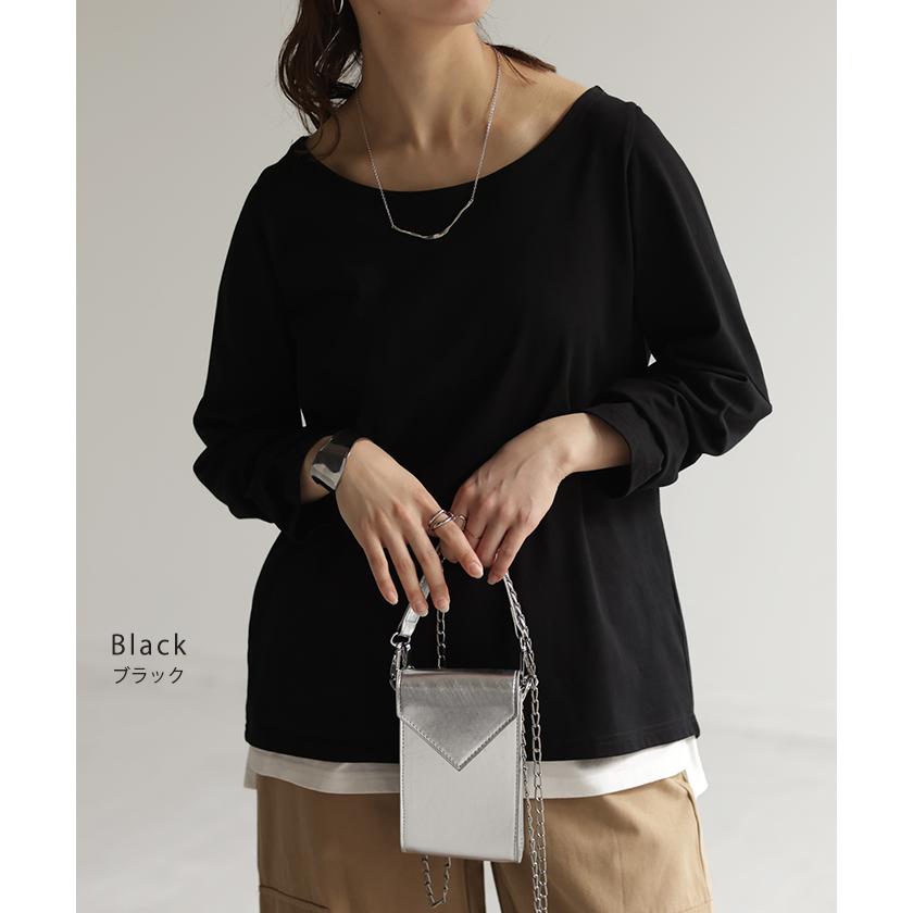 カットソー レディース 秋 新作 インナー トップス ロンT 無地 Tシャツ チュニック レイヤード 薄手 クルーネック ボートネック 長袖 差し色 デコルテ | HUG.U | 27