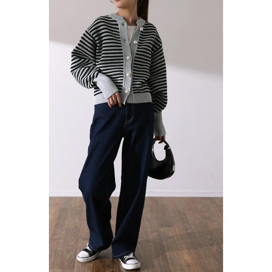 カーディガン レディース トップス ボーダー パール 長袖 ショート ぽわん袖 ニット ライトニット タイムセールSW | HUG.U | 13