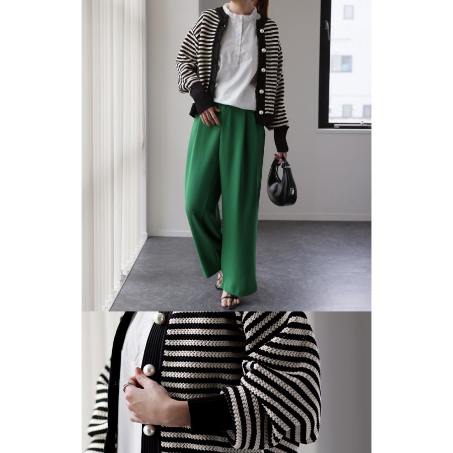 カーディガン レディース トップス ボーダー パール 長袖 ショート ぽわん袖 ニット ライトニット タイムセールSW | HUG.U | 19