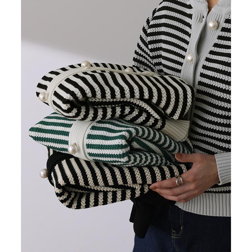 カーディガン レディース トップス ボーダー パール 長袖 ショート ぽわん袖 ニット ライトニット タイムセールSW | HUG.U | 23