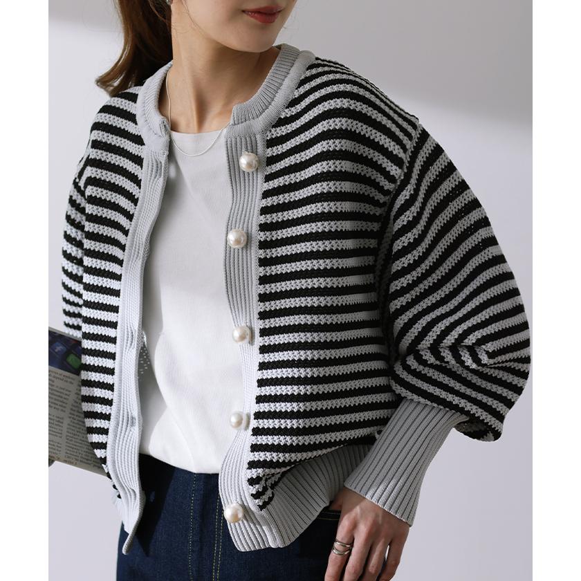 カーディガン レディース トップス ボーダー パール 長袖 ショート ぽわん袖 ニット ライトニット タイムセールSW | HUG.U | 08