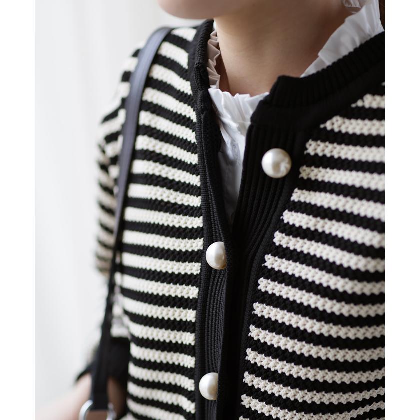 カーディガン レディース トップス ボーダー パール 長袖 ショート ぽわん袖 ニット ライトニット タイムセールSW | HUG.U | 10