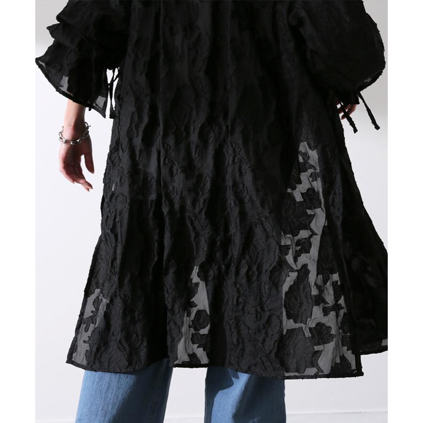チュニック レディース ワンピース トップス ブラウス ジャガード シアー シャツ ロングシャツ 花柄 レース 長袖 羽織 | HUG.U | 17