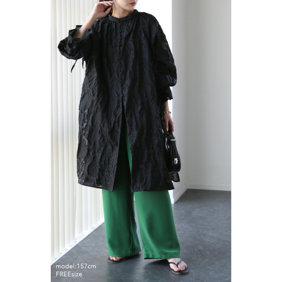 チュニック レディース ワンピース トップス ブラウス ジャガード シアー シャツ ロングシャツ 花柄 レース 長袖 羽織 | HUG.U | 04