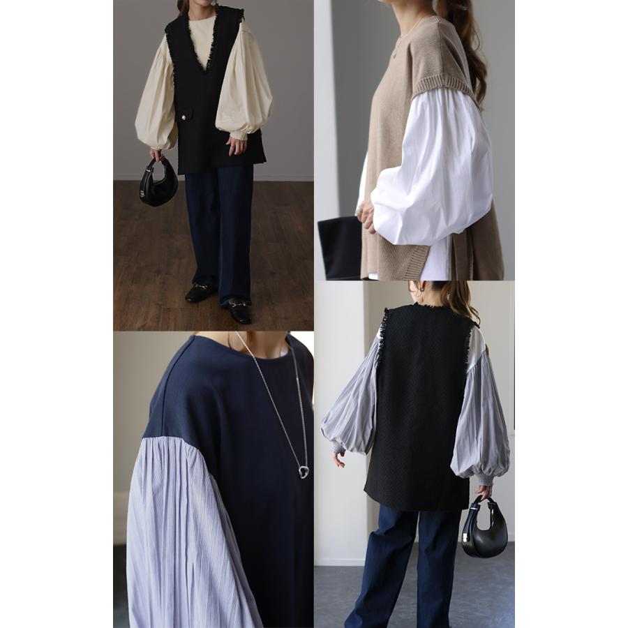 ブラウス レディース トップス ぽわん袖 カットソー きれいめ ロンT 異素材 シャツ バルーン袖 パフスリーブ | HUG.U | 23