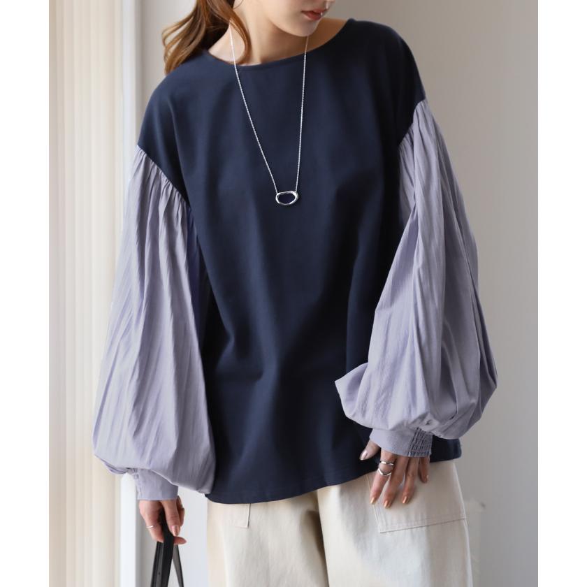 ブラウス レディース トップス ぽわん袖 カットソー きれいめ ロンT 異素材 シャツ バルーン袖 パフスリーブ | HUG.U | 09