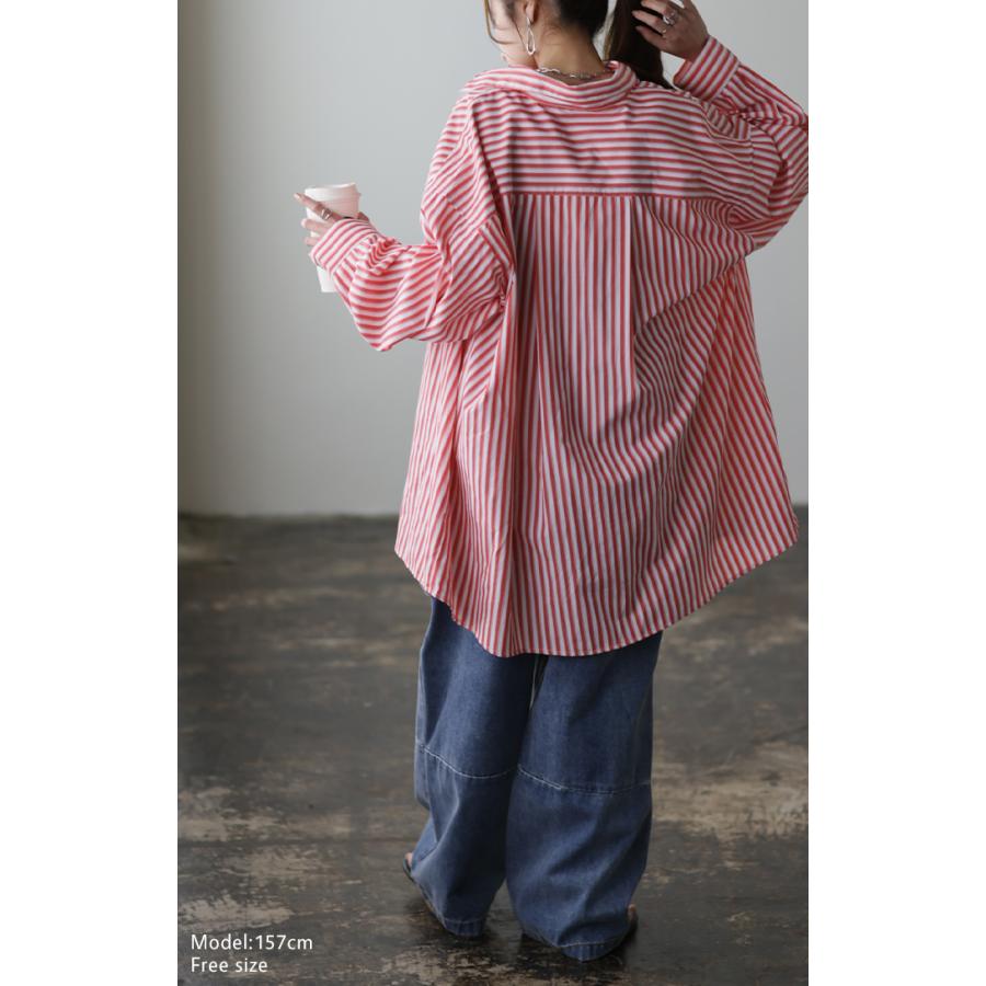 シャツ レディース トップス ストライプシャツ ストライプ 長袖 シワになりにくい チュニック 羽織 体型カバー ブラウス オーバーサイズ | HUG.U | 05