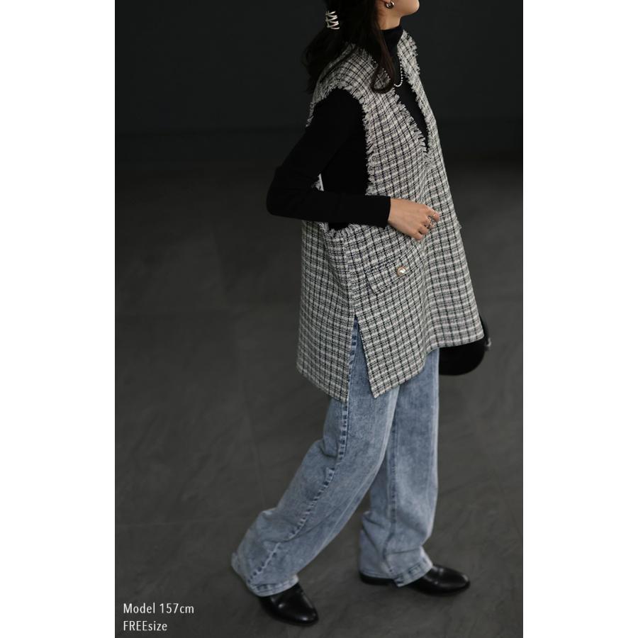 ベスト レディース トップス ツイード ジレ レイヤード 深V ツイードベスト Vネック 袖なし 体型カバー チュニック | HUG.U | 11