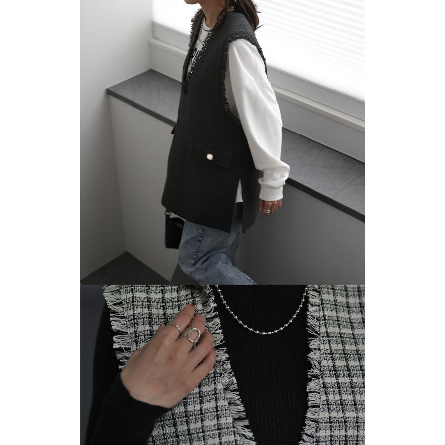 ベスト レディース トップス ツイード ジレ レイヤード 深V ツイードベスト Vネック 袖なし 体型カバー チュニック | HUG.U | 13