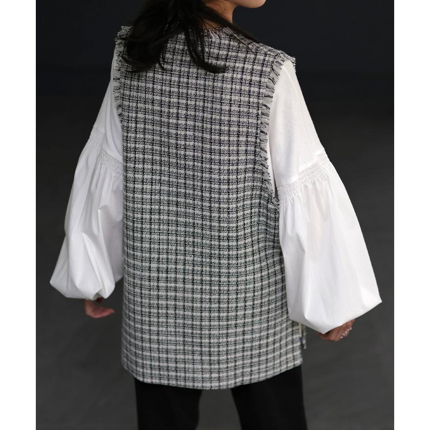 ベスト レディース トップス ツイード ジレ レイヤード 深V ツイードベスト Vネック 袖なし 体型カバー チュニック | HUG.U | 14