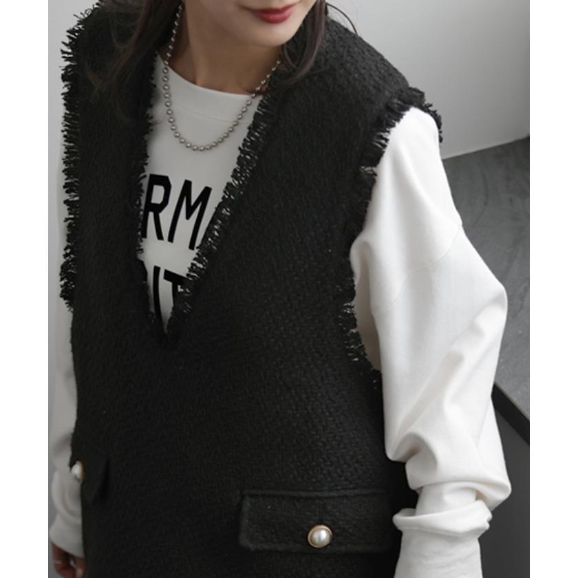 ベスト レディース トップス ツイード ジレ レイヤード 深V ツイードベスト Vネック 袖なし 体型カバー チュニック | HUG.U | 04