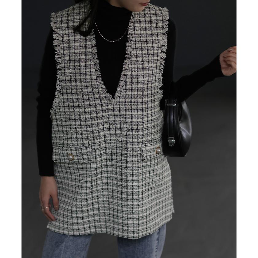 ベスト レディース トップス ツイード ジレ レイヤード 深V ツイードベスト Vネック 袖なし 体型カバー チュニック | HUG.U | 06