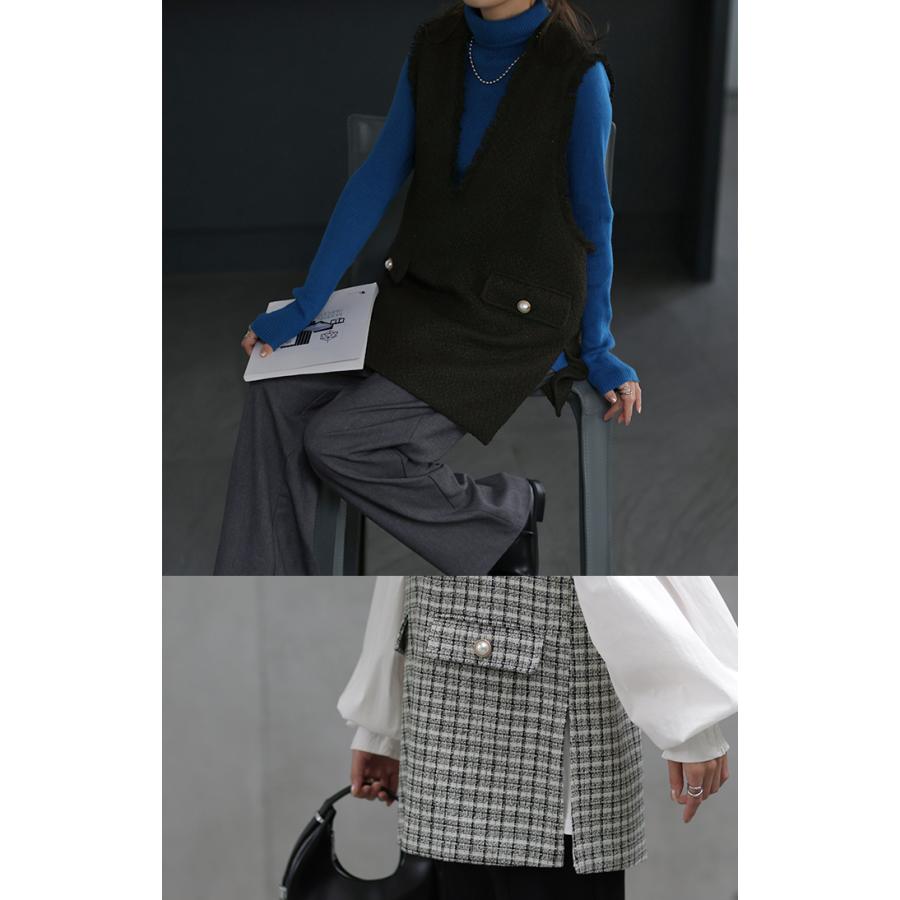 ベスト レディース トップス ツイード ジレ レイヤード 深V ツイードベスト Vネック 袖なし 体型カバー チュニック | HUG.U | 07