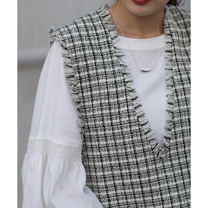 ベスト レディース トップス ツイード ジレ レイヤード 深V ツイードベスト Vネック 袖なし 体型カバー チュニック | HUG.U | 08