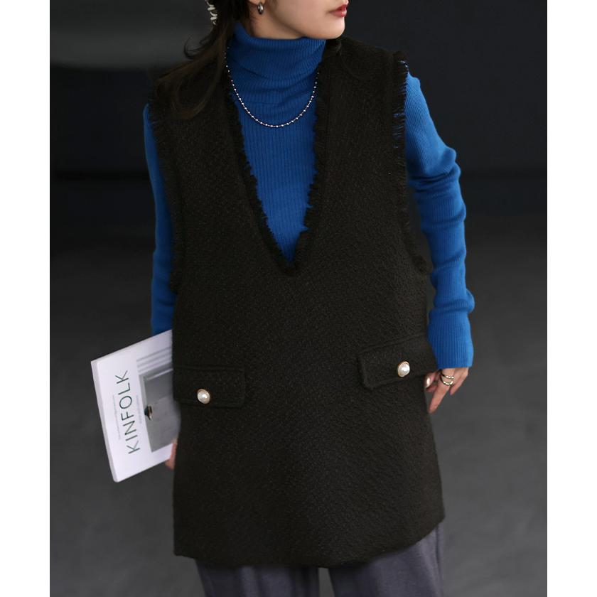 ベスト レディース トップス ツイード ジレ レイヤード 深V ツイードベスト Vネック 袖なし 体型カバー チュニック | HUG.U | 10