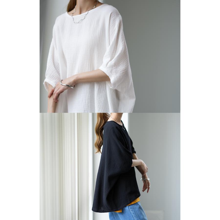 Tシャツ レディース トップス ダブルガーゼ ガーゼ 綿 チュニック ナチュラル 体型カバー コットン 半袖 二の腕カバー | HUG.U | 08