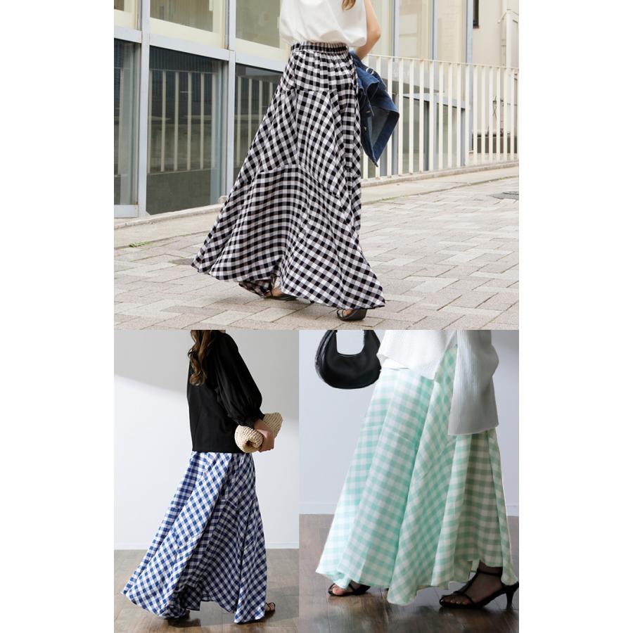 スカート ロングスカート チェック Aライン レディース ロング ブロックチェック ギンガムチェック 柄 ボトムス フレア ゴム | HUG.U | 19