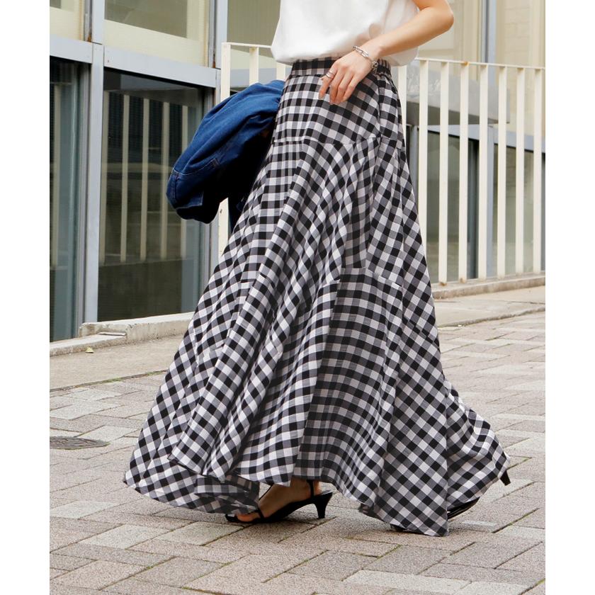 スカート ロングスカート チェック Aライン レディース ロング ブロックチェック ギンガムチェック 柄 ボトムス フレア ゴム | HUG.U | 07